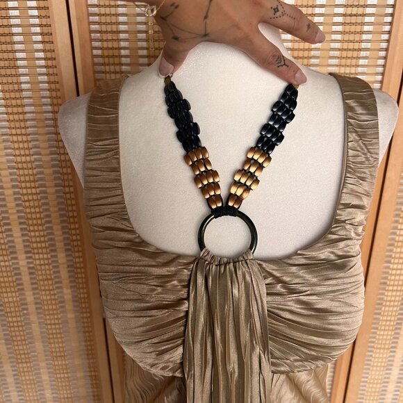 Tan satin BCX flowy tank with bead neckpiece - Picture 3 of 5